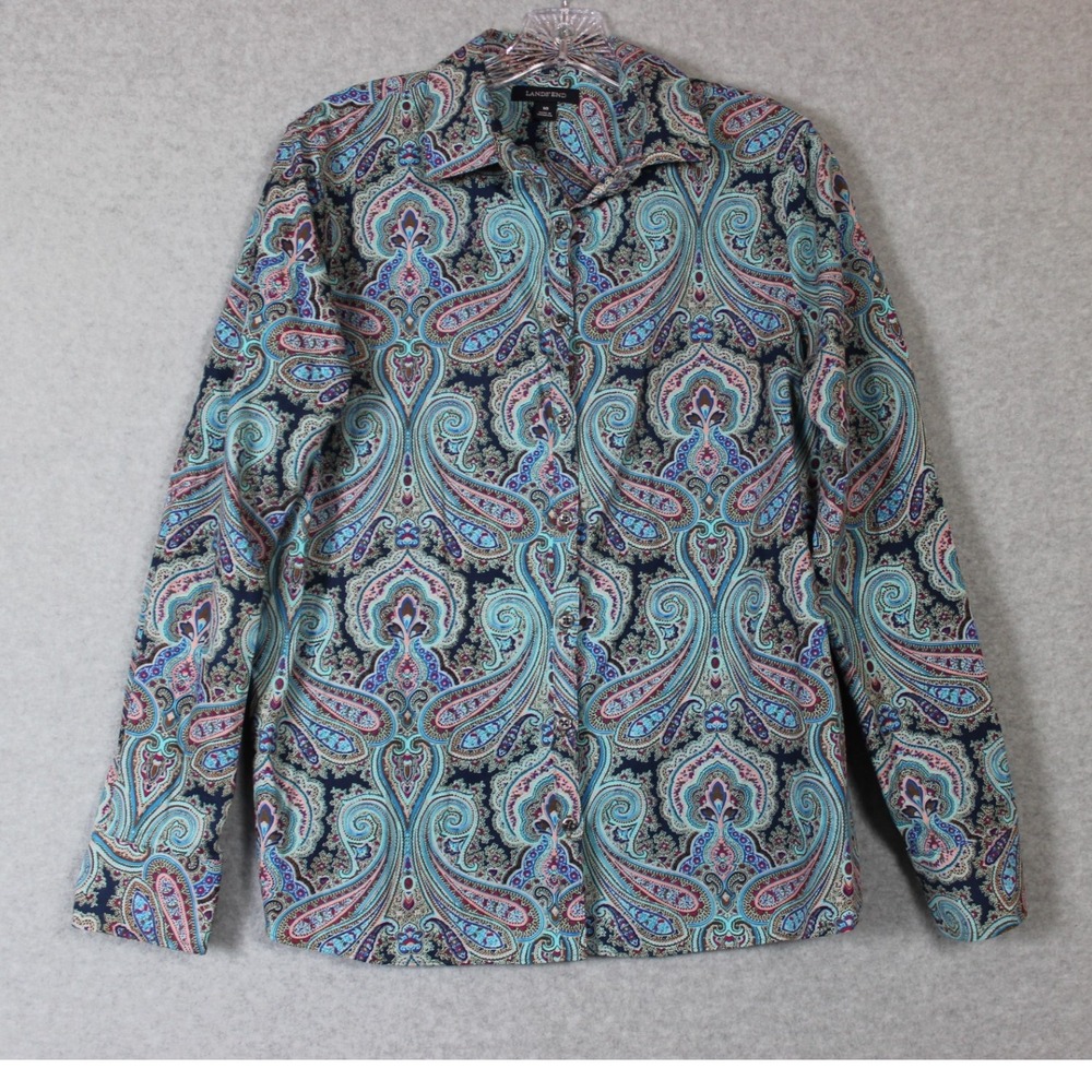 Lands End Womens Paisley Print Button Down Shirt Size 10 Long Sleeve